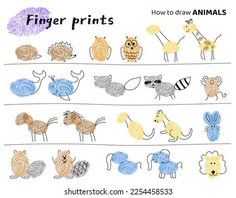 Finger prints art. Task for kids how to make different Animals.