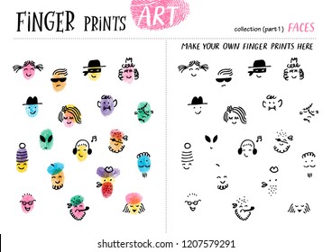 Finger Prints Art. The Task Teaches Your Kids How To Make Different Portraits Of People. Collection In Vector. Faces. Part 1.