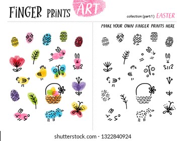 Finger prints art. The task teaches your kids how to make different decorating for Easter. Collection in vector. Part 1.