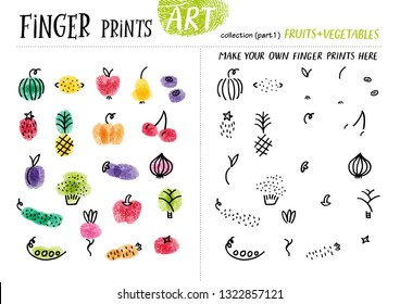 Finger prints art. The task teaches your kids how to make different fruits and vegetables. Collection in vector. Part 1.