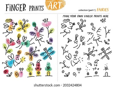 Finger prints art. The task teaches your kids how to make different fairies, butterflies, flowers, etc. Collection in vector. Part 1.