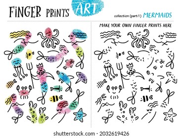 Finger prints art. The task teaches your kids how to make different mermaids and sea creatures. Collection in vector. Part 1.