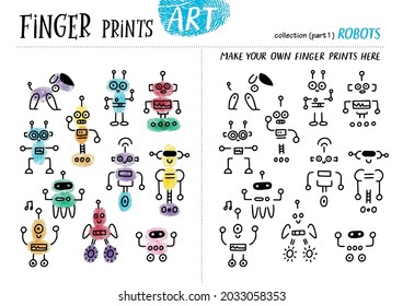 Finger prints art. The task teaches your kids how to make different robots. Collection in vector. Part 1.