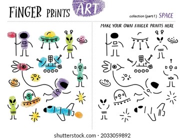 Finger prints art. The task teaches your kids how to make different aliens, rockets and other space items. Collection in vector. Part 1.