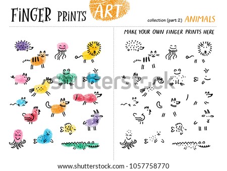 Finger prints art. The task teaches your kids how to make different animals. Collection in vector. Animals. Part 2.