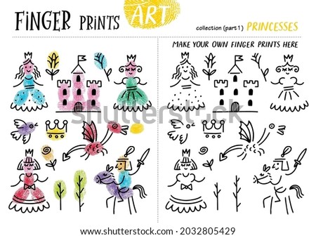 Finger prints art. The task teaches your kids how to make different princesses and fairy items. Collection in vector. Part 1.