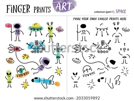 Finger prints art. The task teaches your kids how to make different aliens, rockets and other space items. Collection in vector. Part 1.