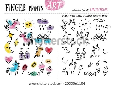 Finger prints art. The task teaches your kids how to make different unicorns. Collection in vector. Part 1.