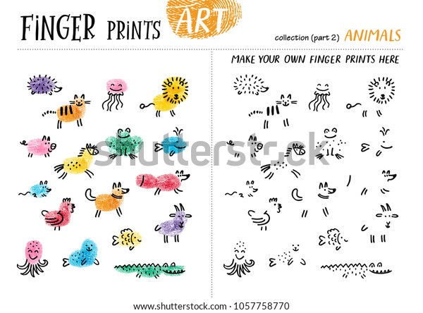 Finger\
prints art. The task teaches your kids how to make different\
animals. Collection in vector. Animals. Part\
2.