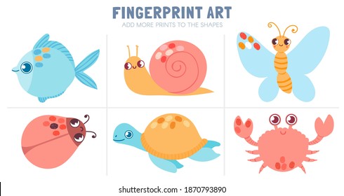 Finger prints kid activity. Worksheet coloring with fingerprint art - butterfly, fish, snail and turtle. Vector fun game for preschool child. Adding prints to shape, quiz for kindergarten