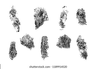 Finger prints vector set. Different forms of prints and different fingers of a human hand.