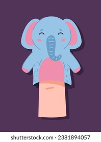 Finger puppet concept. Fluffy elephant for entertainment and fun. Toy for theatrical performance. Graphic element for website. Cartoon flat vector illustration isolated on violet background