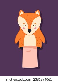 Finger puppet concept. Fluffy fox for entertainment and fun. Toy for theatrical performance. Sticker for social networks and messengers. Cartoon flat vector illustration isolated on violet background