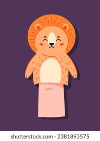 Finger puppet concept. Fluffy lion for entertainment and fun. Toy for theatrical performance. Social media sticker. Cartoon flat vector illustration isolated on violet background