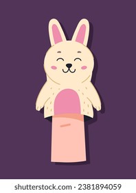 Finger puppet concept. Fluffy rabbit for entertainment and fun. Toy for theatrical performance. Sticker for social networks. Cartoon flat vector illustration isolated on violet background