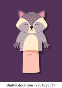 Finger puppet concept. Fluffy raccoon for entertainment and fun. Toy for theatrical performance. Forest dweller. Poster or banner. Cartoon flat vector illustration isolated on violet background
