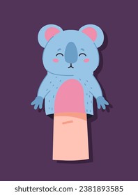 Finger puppet concept. Fluffy sloth for entertainment and fun. Toy for theatrical performance. Template and layout. Cartoon flat vector illustration isolated on violet background