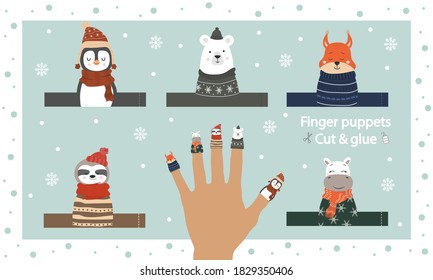 Finger puppet theater. Cut out template, glue and play. Zoo puppets for preschool or school. Game and education worksheet. Winter animals doll collection. Vector illustration in scandinavian style.