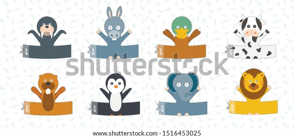Finger puppet theater. Cut Out template.\
Zoo animals puppets. Kids crafts activity page. Game worksheet.\
Animals doll collection. Vector\
illustration.