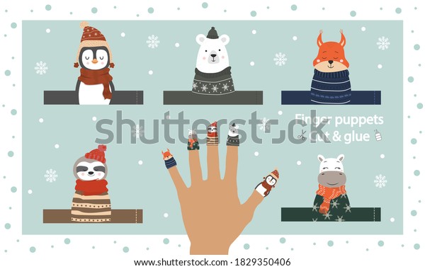 Finger puppet theater. Cut out template, glue and\
play. Zoo puppets for preschool or school. Game and education\
worksheet. Winter animals doll collection. Vector illustration in\
scandinavian style.