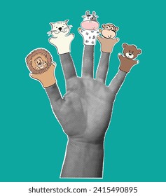 Finger puppet theatre. Cute hand drawn animals toys. Female hand halftone.