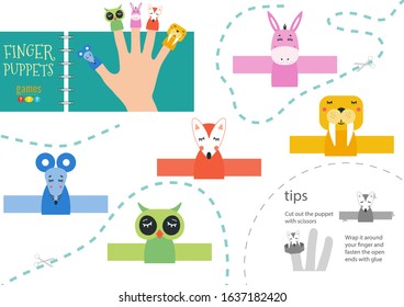 Finger puppet vector animals. Cut and glue educational worksheet with donkey, mouse, owl for little children. Collection of hand puppets for children show