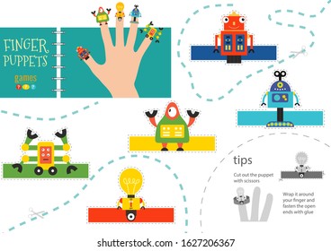 Finger puppet vector robots. Cut and glue educational worksheet for preschool or school kids. Set of hand dolls for children theatre