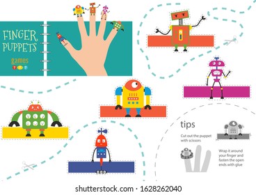 Finger puppet vector robots. Cut and glue educational worksheet for little children. Collection of hand puppets for children show