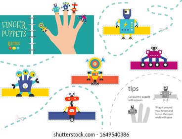 Robots vectoriales de marionetas de dedo. Dibujo educativo de corte y pegado para niños pequeños. Colección de marionetas para niños