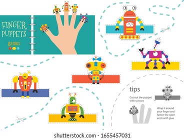 Finger puppet vector robots. Cut and glue simple educational worksheet for little children. Collection of hand puppets for children show or birthday party