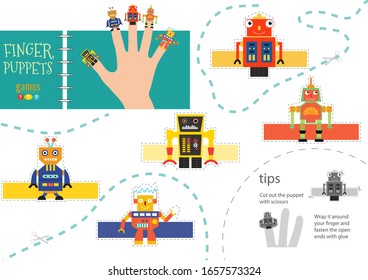 Finger puppet vector robots. Cut and glue educational illustration for little children. Collection of hand puppets for children party