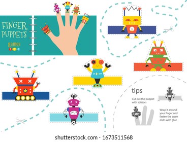 Finger puppet vector robots. Cut and glue educational worksheet for little children. Set of hand puppets for children show