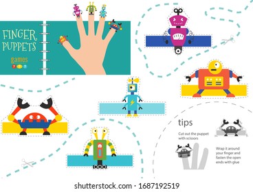 Finger puppet vector robots. Cut and glue educational worksheet for preschool or school kids. Collection of hand dolls for children theatre