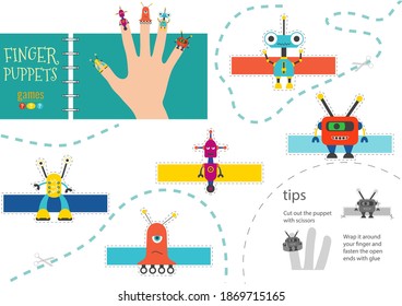 Finger puppet vector robots. Cut and glue educational worksheet for little children. Set of hand puppets for children show