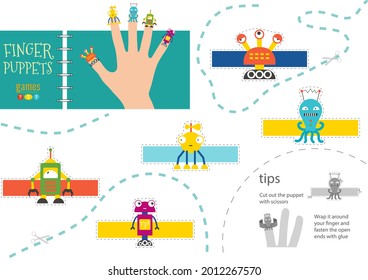 Finger puppet vector robots. Cut and glue educational worksheet for little children. Set of hand puppets for children show