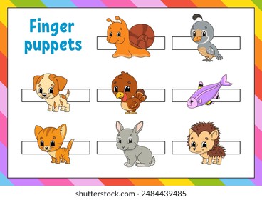 Finger puppets. Activities for kids. Cute cartoon characters. Vector illustration.