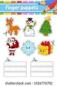 Finger puppets. Activity Game for kids. Christmas theme. Cute characters. Cartoon style. Christmas theme. Color vector illustration.