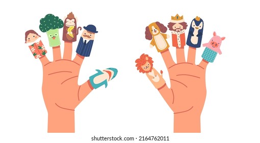 Finger Puppets, Baby Theatre Hand Toys, Show or Fairy Tale Story Characters Funny Animals, King, Broccoli. Family Fun, Cute Little Finger Puppets. Childhood Time Game. Cartoon Vector Illustration