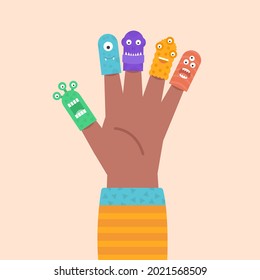 Finger Puppets. Baby Theatre, Show Story, Fairy Tale. Hand Toy Character Party. Family Fun. Cute Little Finger Puppet. Childhood Time. Finger Theater Game. Funny Puppets Template. Vector Illustration.