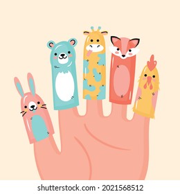 Finger Puppets. Baby Theatre, Show Story, Fairy Tale. Hand Toy Character Party. Family Fun. Cute Little Finger Puppet. Childhood Time. Finger Theater Game. Funny Puppets Template. Vector Illustration.