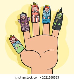 Finger puppets. Baby theatre, show story, fairy tale. Hand toy character party. Family fun. Cute little finger puppet. Childhood time. Finger theater game. Funny puppets template. Vector illustration.