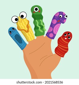 Finger puppets. Baby theatre, show story, fairy tale. Hand toy character party. Family fun. Cute little finger puppet. Childhood time. Finger theater game. Funny puppets template. Vector illustration.