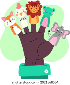 Finger Puppets. Baby Theatre, Show Story, Fairy Tale. Hand Toy Character Party. Family Fun. Cute Little Finger Puppet. Childhood Time. Finger Theater Game. Funny Puppets Template. Vector Illustration.