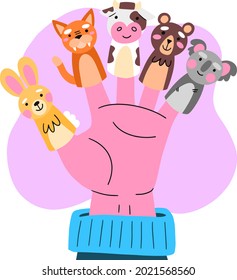 Finger Puppets. Baby Theatre, Show Story, Fairy Tale. Hand Toy Character Party. Family Fun. Cute Little Finger Puppet. Childhood Time. Finger Theater Game. Funny Puppets Template. Vector Illustration.