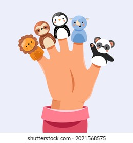 Finger Puppets. Baby Theatre, Show Story, Fairy Tale. Hand Toy Character Party. Family Fun. Cute Little Finger Puppet. Childhood Time. Finger Theater Game. Funny Puppets Template. Vector Illustration.