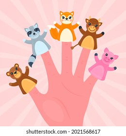 Finger Puppets. Baby Theatre, Show Story, Fairy Tale. Hand Toy Character Party. Family Fun. Cute Little Finger Puppet. Childhood Time. Finger Theater Game. Funny Puppets Template. Vector Illustration.