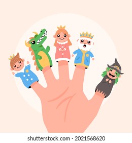 Finger Puppets. Baby Theatre, Show Story, Fairy Tale. Hand Toy Character Party. Family Fun. Cute Little Finger Puppet. Childhood Time. Finger Theater Game. Funny Puppets Template. Vector Illustration.