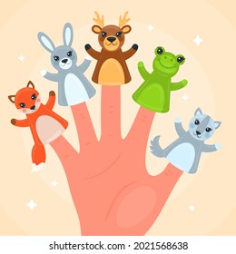 Finger Puppets. Baby Theatre, Show Story, Fairy Tale. Hand Toy Character Party. Family Fun. Cute Little Finger Puppet. Childhood Time. Finger Theater Game. Funny Puppets Template. Vector Illustration.