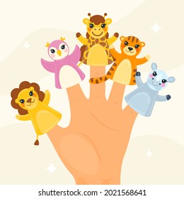 Finger puppets. Baby theatre, show story, fairy tale. Hand toy character party. Family fun. Cute little finger puppet. Childhood time. Finger theater game. Funny puppets template. Vector illustration.