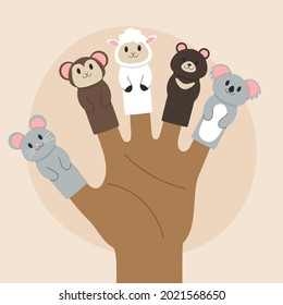 Finger puppets. Baby theatre, show story, fairy tale. Hand toy character party. Family fun. Cute little finger puppet. Childhood time. Finger theater game. Funny puppets template. Vector illustration.